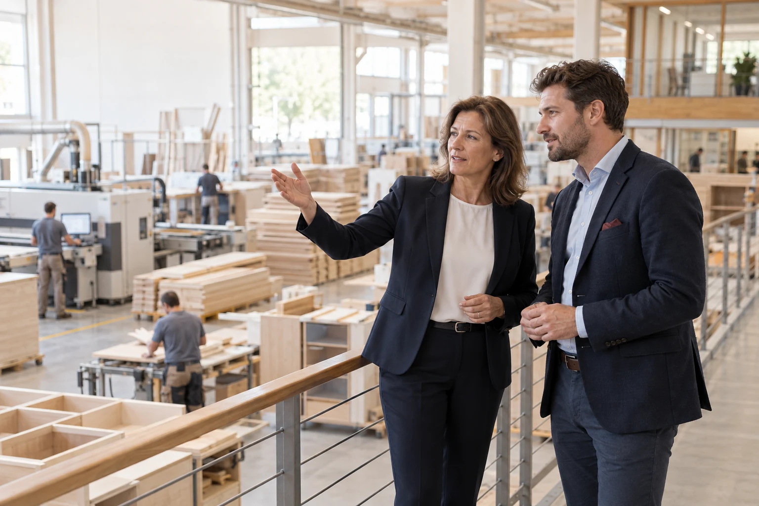 Unternehmerin und möglicher Mitgesellschafter betrachten gemeinsam eine moderne Möbelproduktion